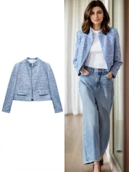 Women's Sequin Bomber Jacket Round Neck Long Sleeves Pockets Sequin Applique Short Jacket Coat Spring New Female Chic Outerwear