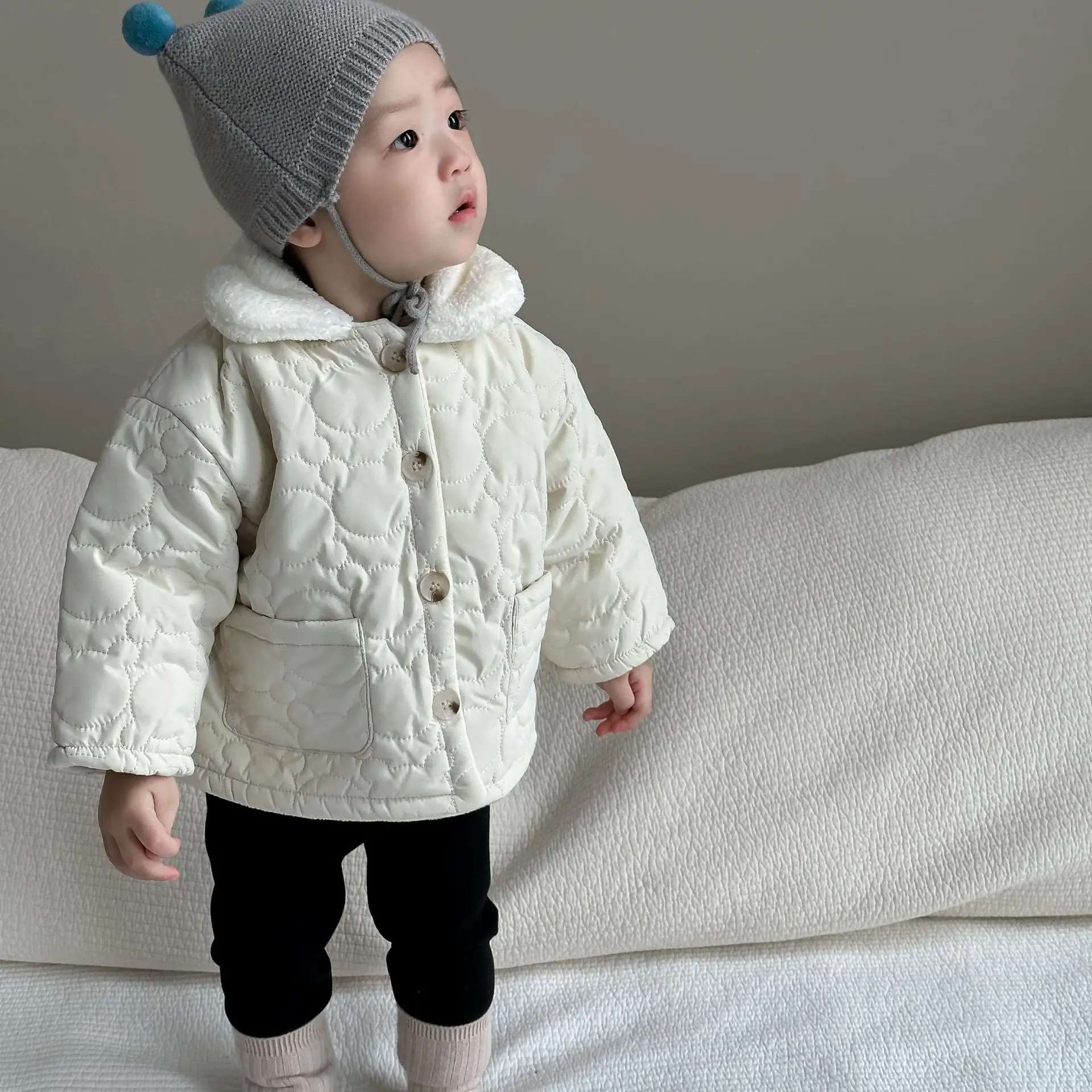 

2024 Winter New Baby Long Sleeve Fleece Warm Coat Boy Girls Lapel Cardigan Newborn Infant Cotton Padded Jacket Kids Clothes