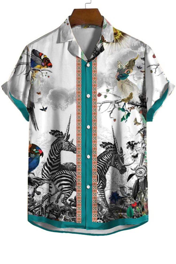 2023 New Men\'s Shirt Short Sleeve T-shirt Cuban Fashion Animal Print Shirt Casual Polo Collar Social Hawaiian Shirt Summer Men\'s