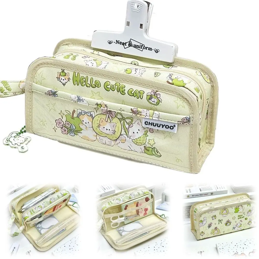 Cartoon Cute Kitten Pencil Case Multilayer PVC Dirty-proof Stationery Bag Large Capacity Stationery Storage Bags Student