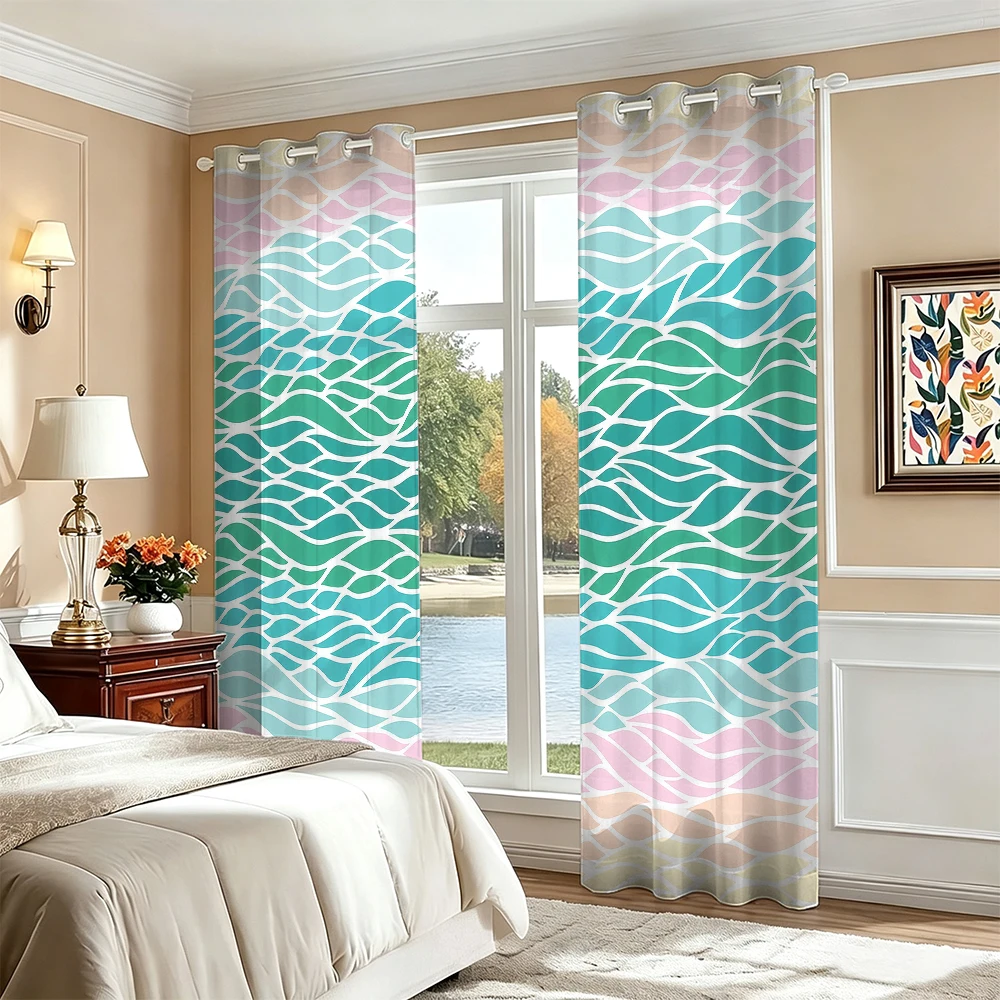 1Pc Gradient Water Ripple Line Print Double Sided Perforated Curtain Light Filter Privacy Window Curtain Abstract Pattern Hom