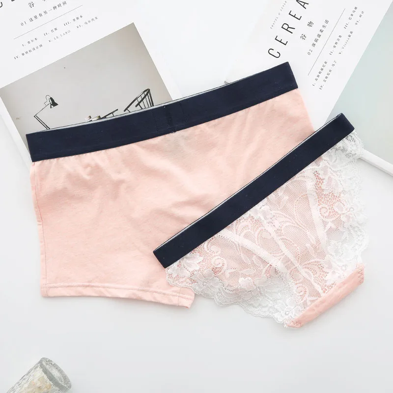 Boyfriend Girlfriend Underwear Mid-waist Cotton Men Boxer Women Transparent Lace Briefs Lace Breathable Sexy Underpants