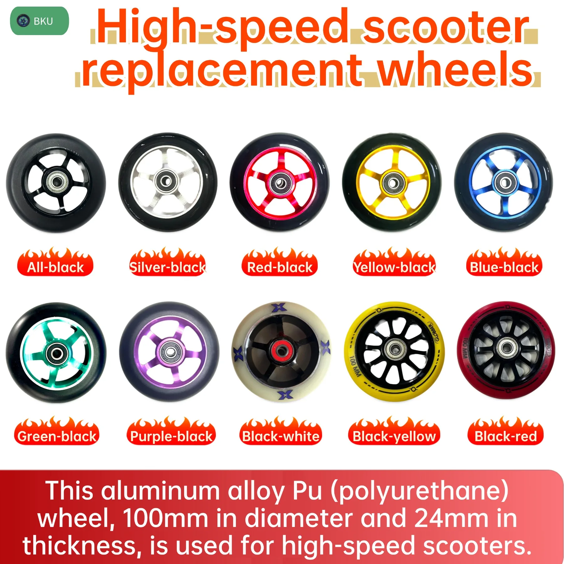 

1PCS 100mm (4-Inch) Aluminum Core Replacement Wheel for Speed Scooters Aluminum Alloy PU Construction with Black Bearings