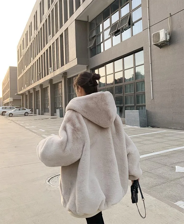 Women Faux Rabbit Fur Coats Solid Fur Jackets Pokcet Zipper Hooded Cotton Linen Long Sleeves Loose Fit Casual 2026 Autumn Winter