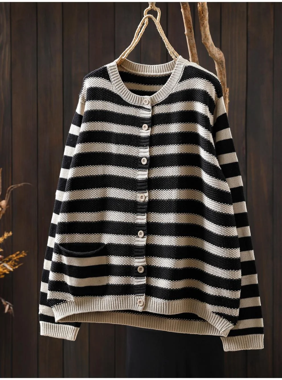 

Enianechu Women Vintage Striped Sweater Cardigan Long Sleeve Knitted Cotton Soft Autumn Pure Cotton Casual Female Sweaters