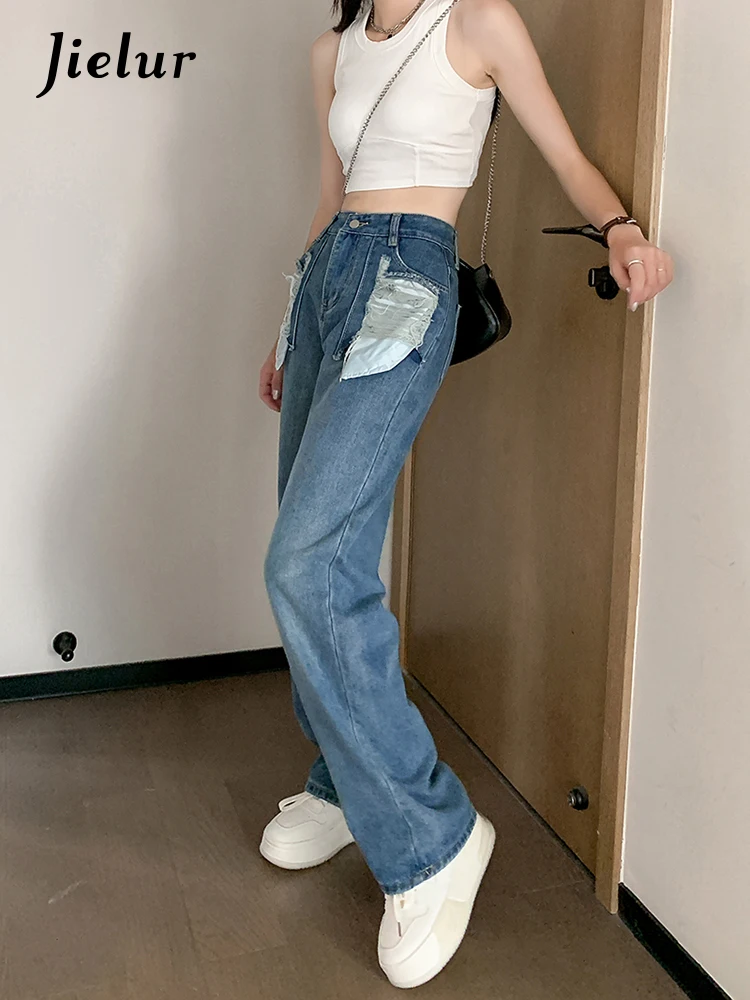 Jielur Chic Pockets Ripped Jeans Women High Waist Wide Leg Holes Jeans Ladies Straight Denim Pants Creative Fashion Jeans Female