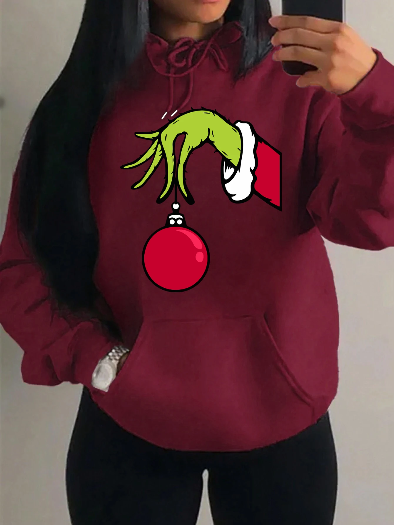 Green Haired Monsters Get Christmas Balloon Printed Womens Hoodies Multicolor Loose Hoody Y2K Street Sportswear Fleece Hoodie