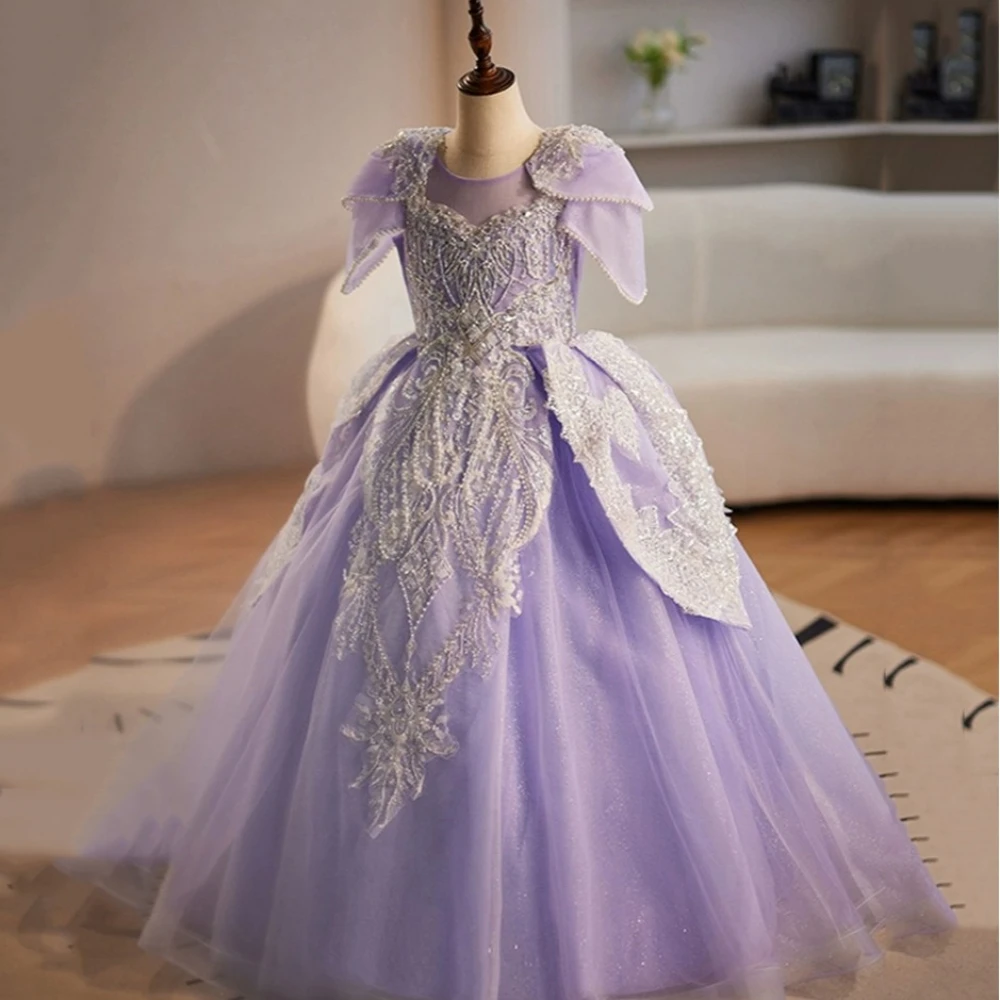 Robes de demoiselle d'honneur violettes pour filles, robe de Rhen dentelle, longue robe de mariée, olympiques de défilé, paillettes gracieuses, broderie de perles, populaire