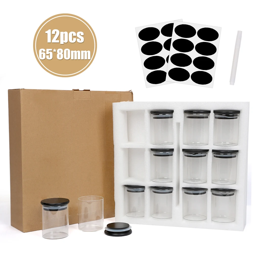 12pcs Set Of Black Bamboo Cover Glass Seasoning Jar With Sticker Carton Box Packaging Kitchen Fruit Food Sealed Storage Jar