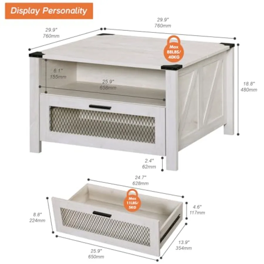 طاولة قهوة مربعة 30 بوصة، درج تخزين طاولة القهوة لغرفة المعيشة، طاولة مزرعة مع مقصورتين، رف مفتوح