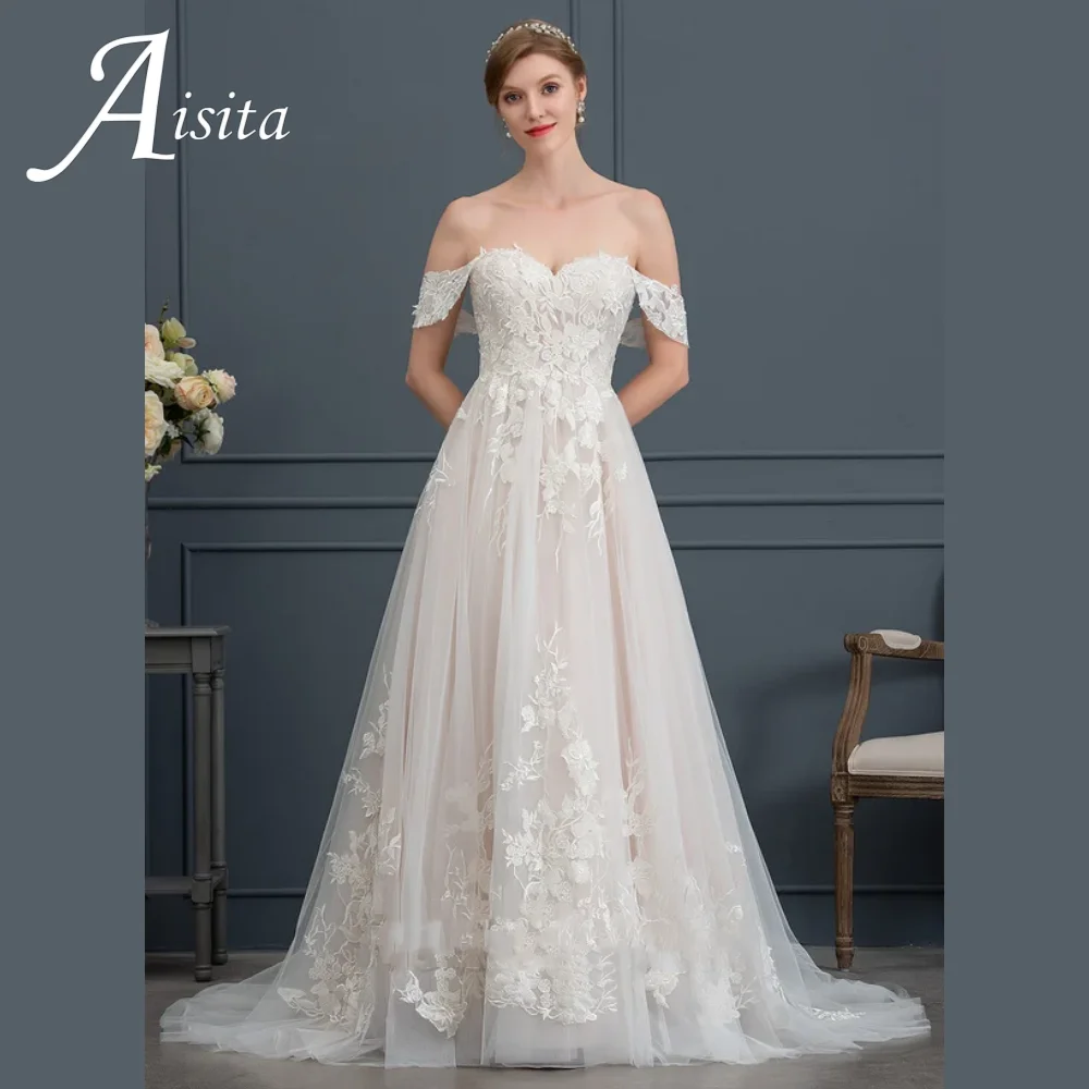 

Elegant Tulle Lace A Line Wedding Dress Princess Sweetheart Sweep Train Appliques Bridal Gown customized Vestidos De Novia 2024