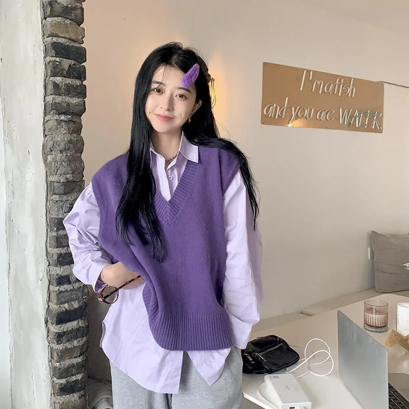 DAYIFUN Women's Purple Shirt Vest Two-piece Set Japanese V-neck Knitted Sweater Vest Single Breasted Lapel Long Sleeved Blouses