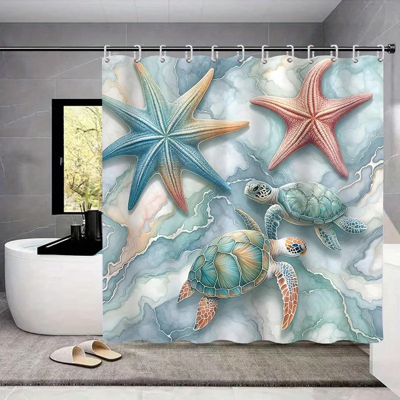 1/4pcs Turtle Starfish Pattern Shower Curtain Set: Waterproof Bath Curtain with Hooks, U-Shaped Mat, Toilet Cover Mat, L-Shaped