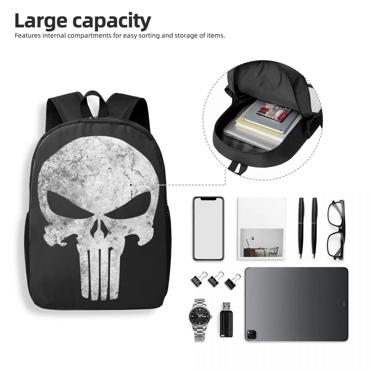 Custom 3D Print Punisher Skull Grunge Backpacks for Girls Boys School College Travel Bags Men Women Bookbag Fits 15 Inch Laptop