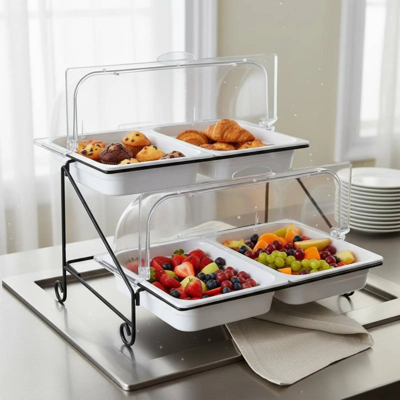 

Lidded Food Serving Station Shatter-Resistant Trays 2-Tier Buffet Serving Stand Rectangular Food Display Stand Easy to Clean