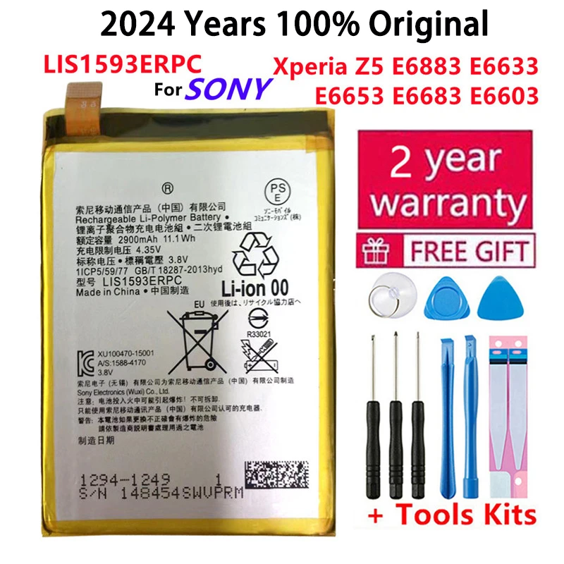 100% Original LIS1593ERPC For SONY Xperia Z5 E6883 E6633 E6653 E6683 E6603 Phone High Quality Battery 2900mAh Batteries +Tools