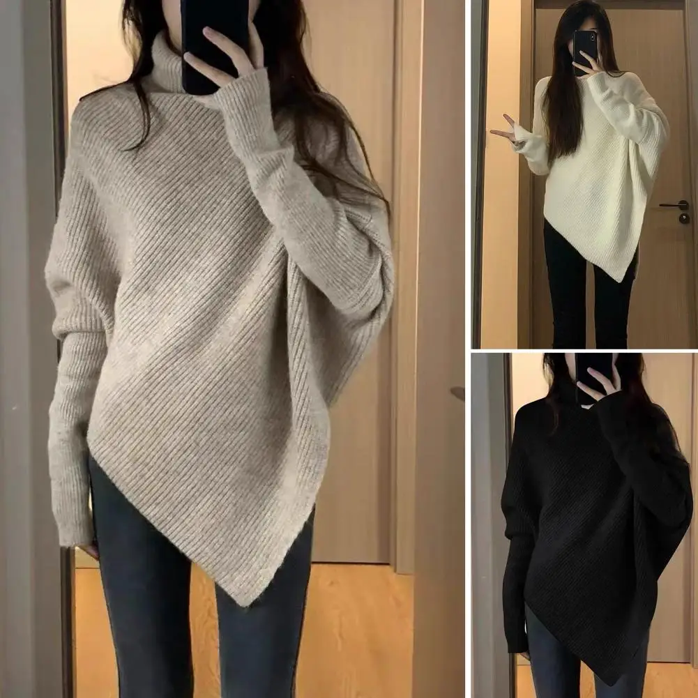 Maglione stile allentato da donna maglione con maniche a pipistrello accogliente per donna collo alto orlo irregolare spessa maglia calda autunno