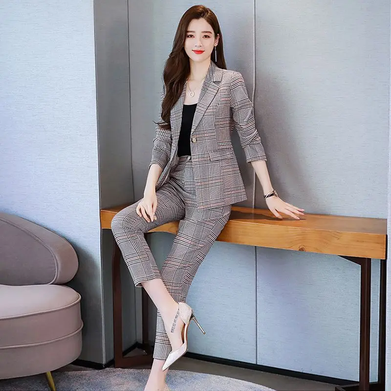 Spring and Summer Women\'s Suit 2023 New Korean Version Western-style Slim Plaid Coat Two-piece Set of Age Reducing Casual Pants