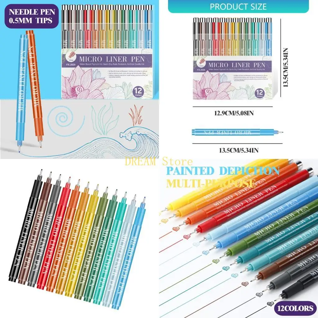 

12Pcs Colorful Fine Liner Pen Waterproof Colored Drawing Pen 0.5MM Needle Tip best sale