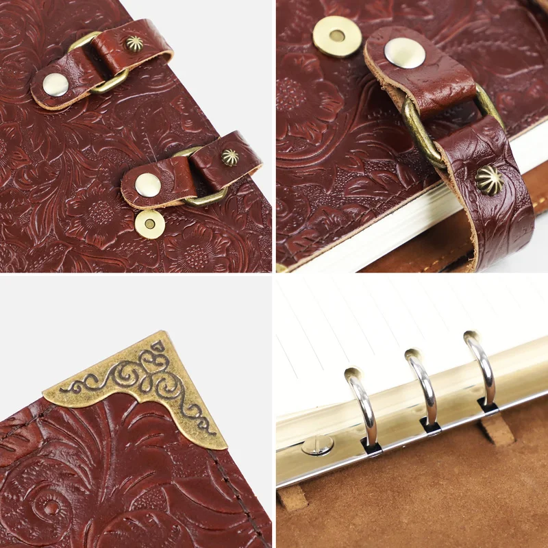 Vintage Genuine Leather A5 Notebook Cover Handmade 6-Ring Binder Refillable Journal Planner – 23.5x17x3.5cm