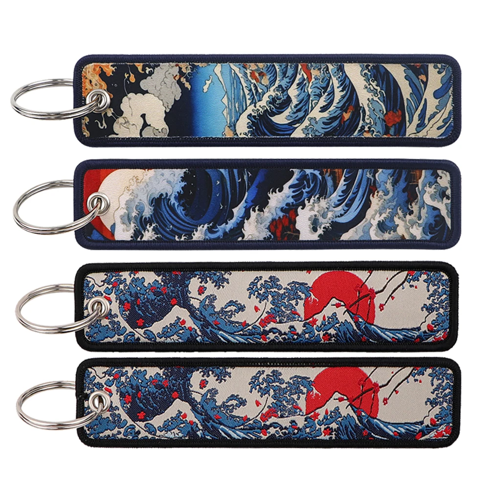 

Japanese Waves Art Painting Keychain for Cars Backpack Key Holders Fashion Embroidery Key Tag Jet Tag Accessories 1PCS