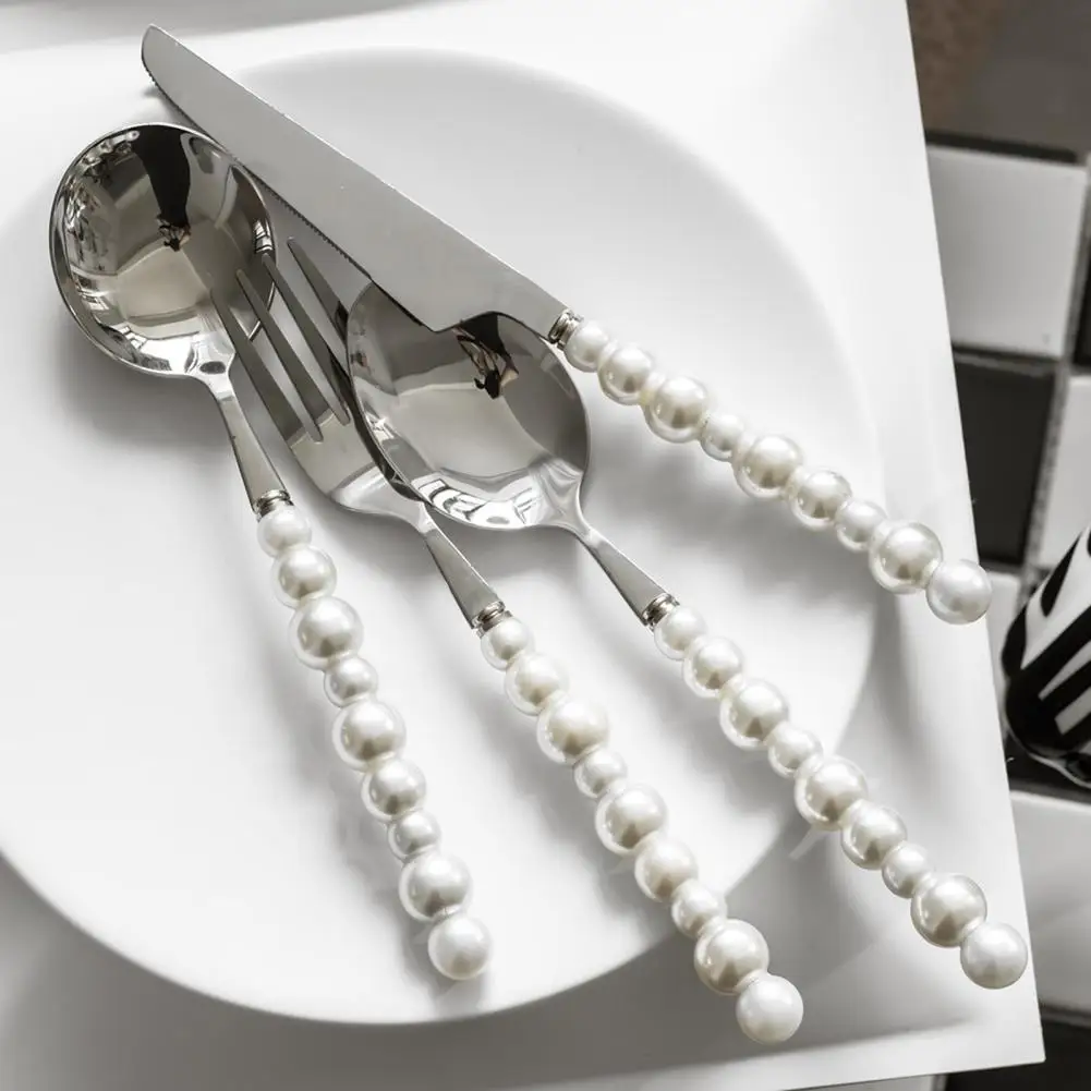 Meat Fork Silver Color Spoon Cutlery Easy to Clean Dining  Useful Stainless Steel Faux Pearl Dinner Spoon