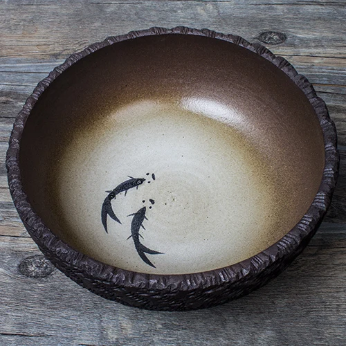 Handmade Tea Washing Japanese Set, Rough Pottery Fish Tank, Water Basin, Ceramic Wer Pot, Hand Drawn Pen