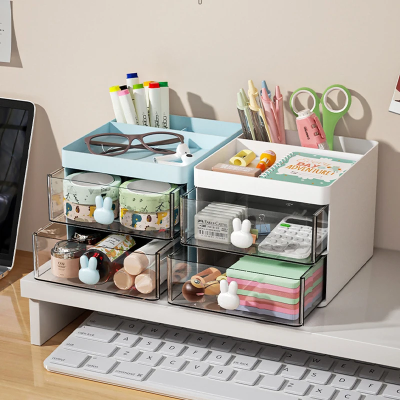 Multifunctional Desktop Storage Box With Drawers Makeup Brush Organizer Sundries School Office Stationery Pen Holder