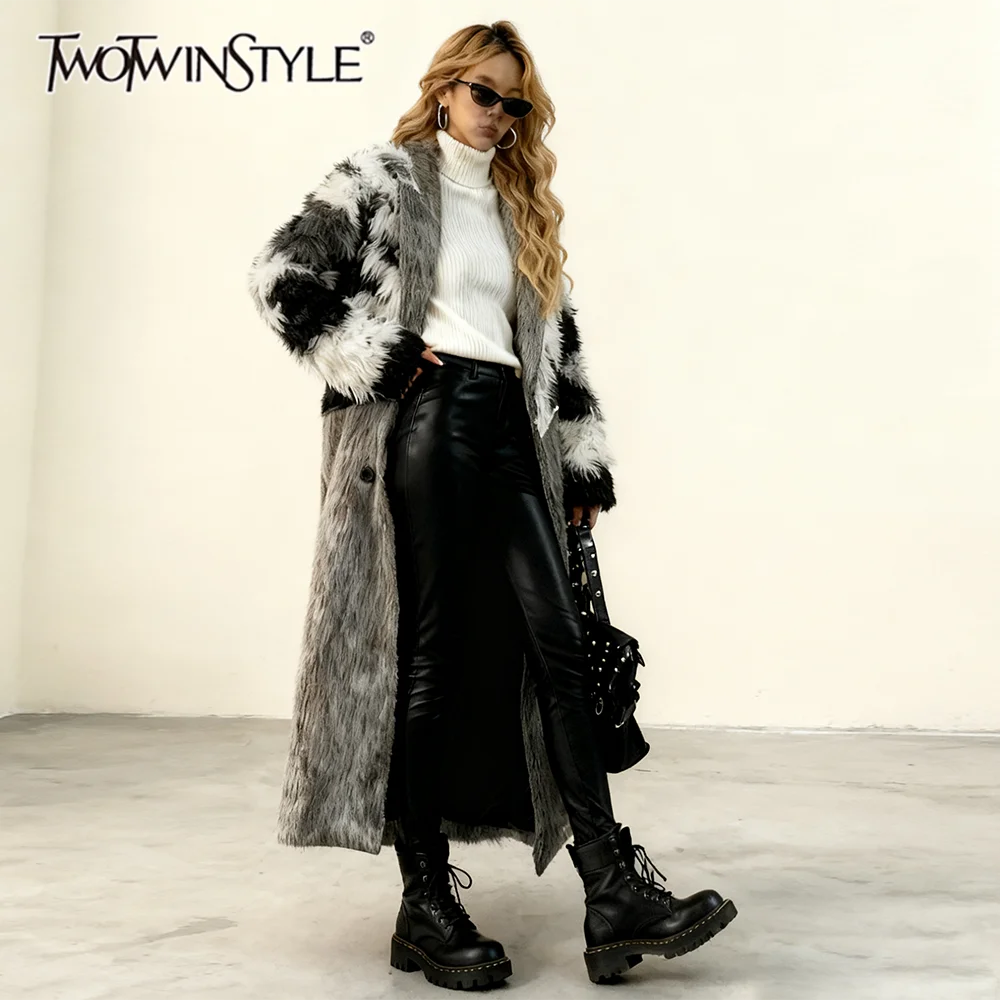 

TWOTWINSTYLE Hit Color Loose Spliced Fur Vintage Coats for Women Lapel Long Sleeves Premium Feel Coat Female Fashion Clothes New