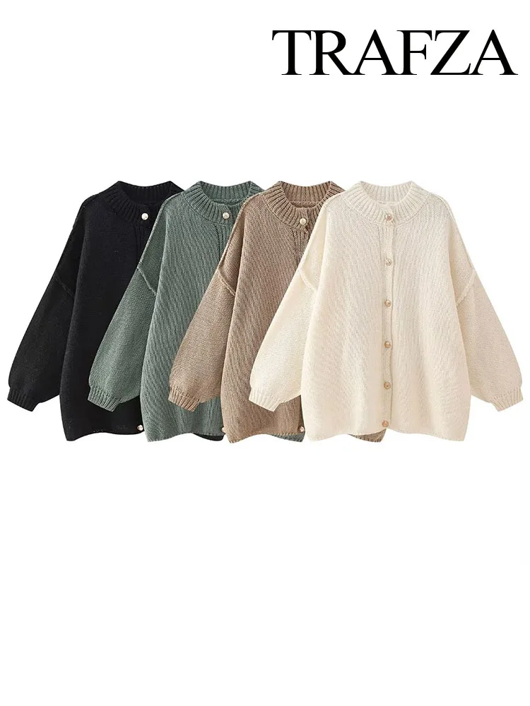 TRAFZA Women Autumn Knitted Sweater Woman Fashion Long Sleeves Single Breasted Solid Color Slim Casual Loose Cardigan Top Mujer