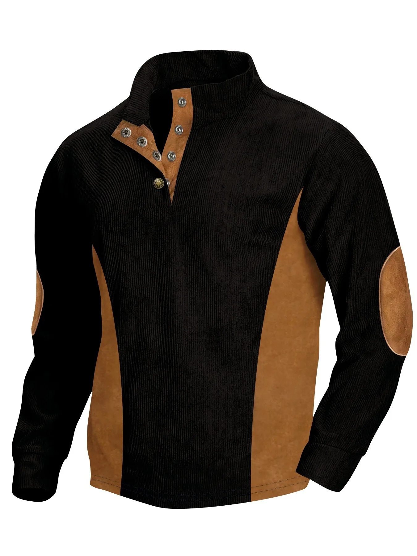 2025Men's pullover shirt Long sleeved stand up collar corduroy polo shirt Casual and relaxed Color block snap button Hot sale