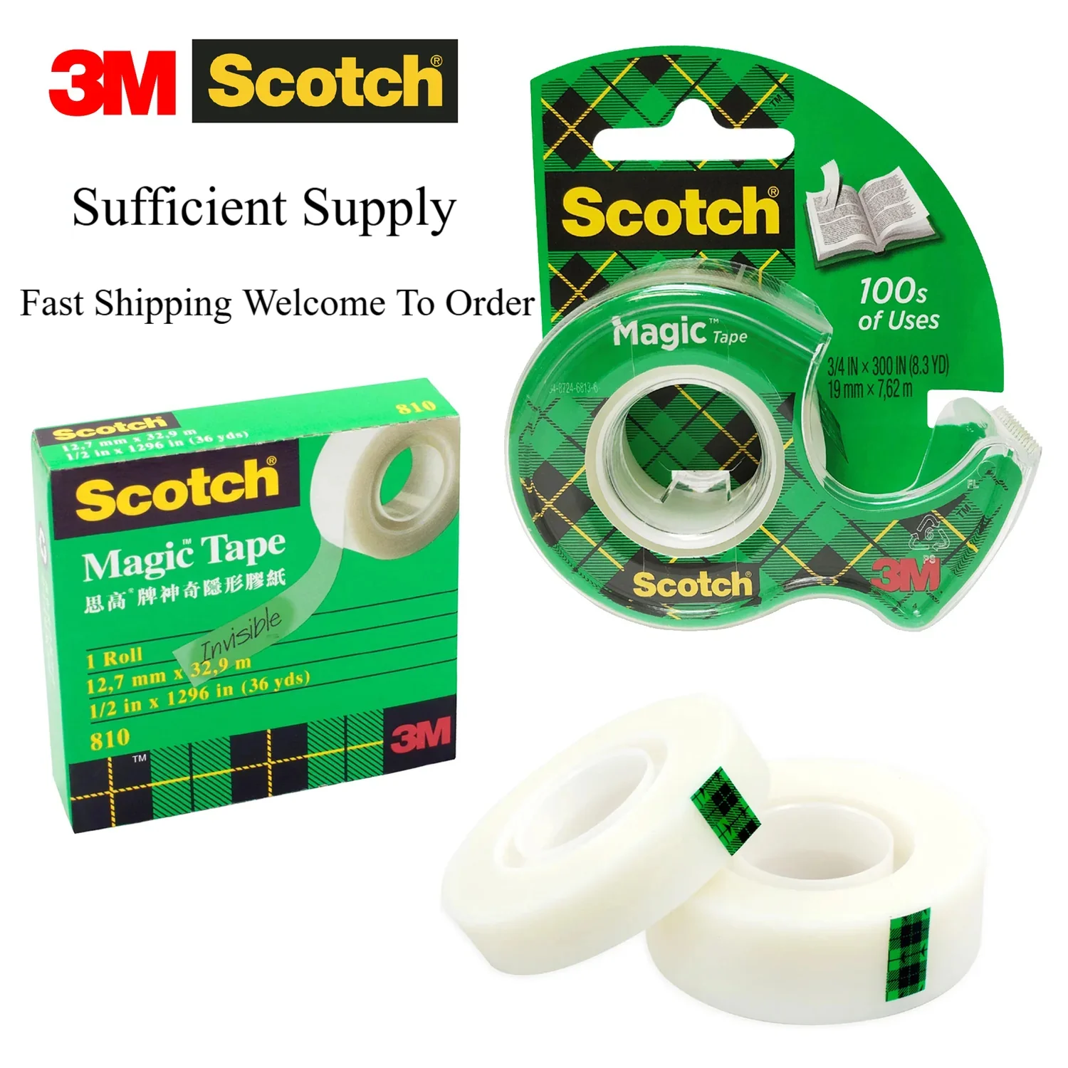 Fita invisível 3M Scotch 810 – Fita sem resíduos de alta viscosidade adequada para material de escritório, itens domésticos e material escolar