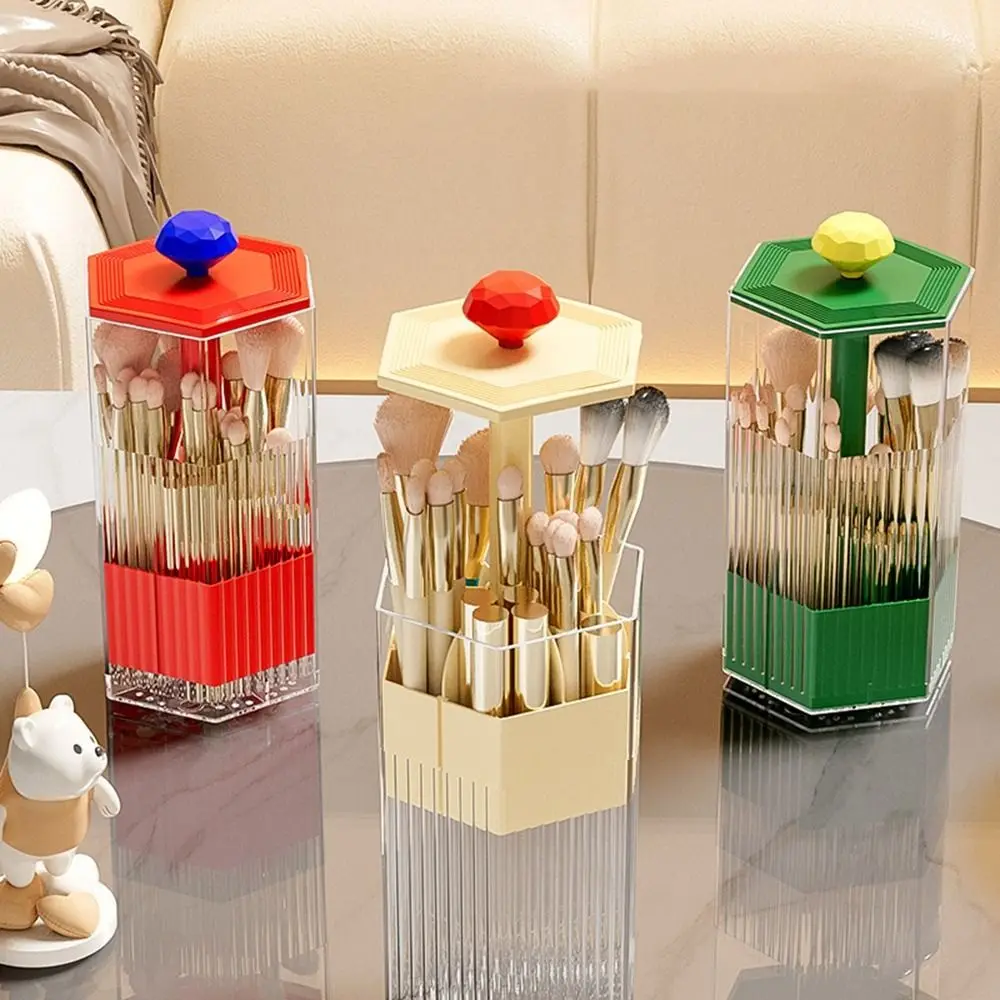 Plastic Automatic Lifting Makeup Brush Holder Press Type Large Capacity Makeup Brush Organizer Dustproof with Lid