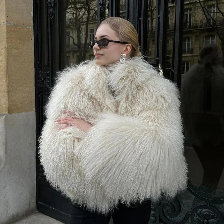 

Новая роскошная женская короткая пушистая куртка из натурального меха монгольского ягненка на зиму