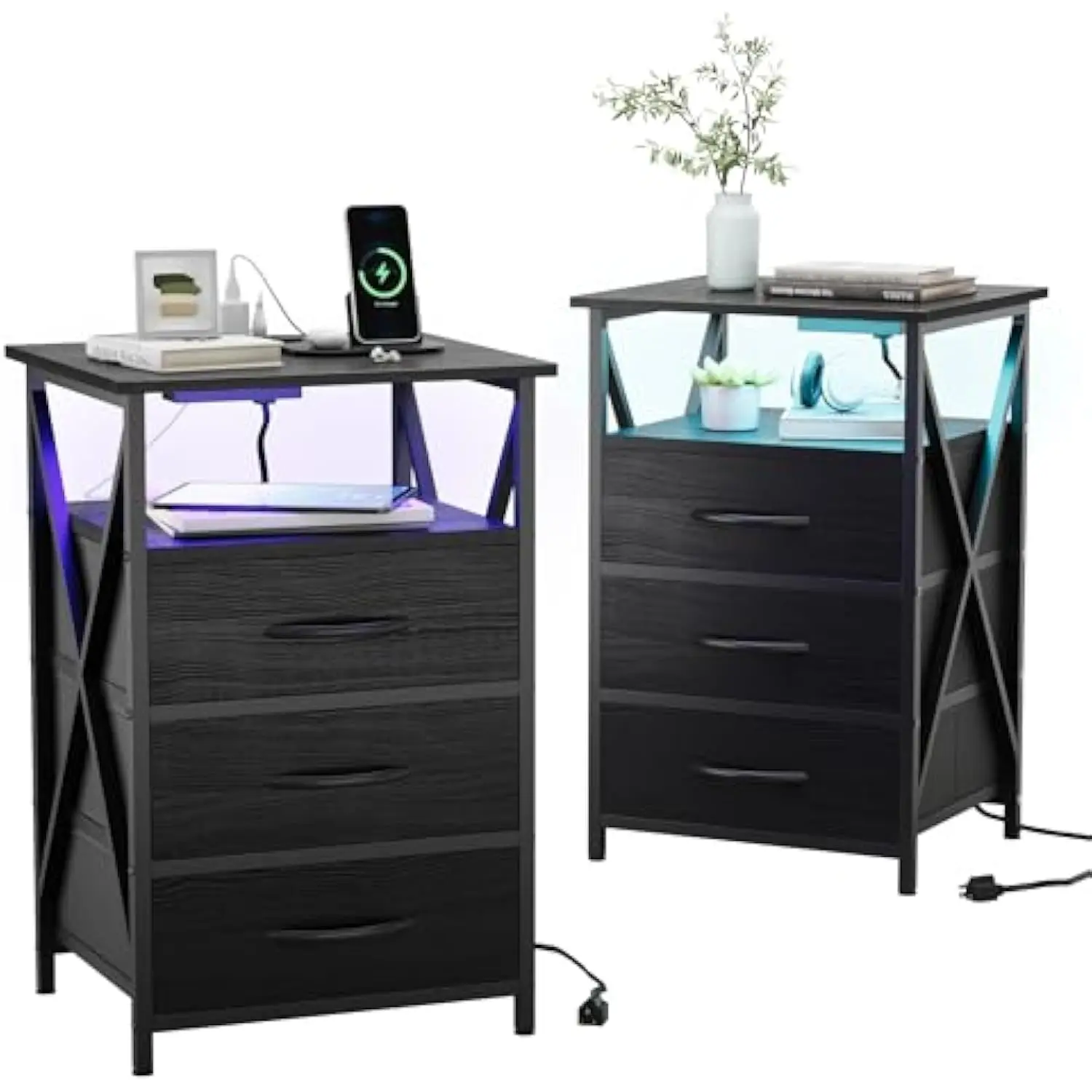 

Nightstand Set of 2, Led Nightstands with Charging Station, End Table with 3 Wooden Panel Fabric Drawers and Storage Shelf, En