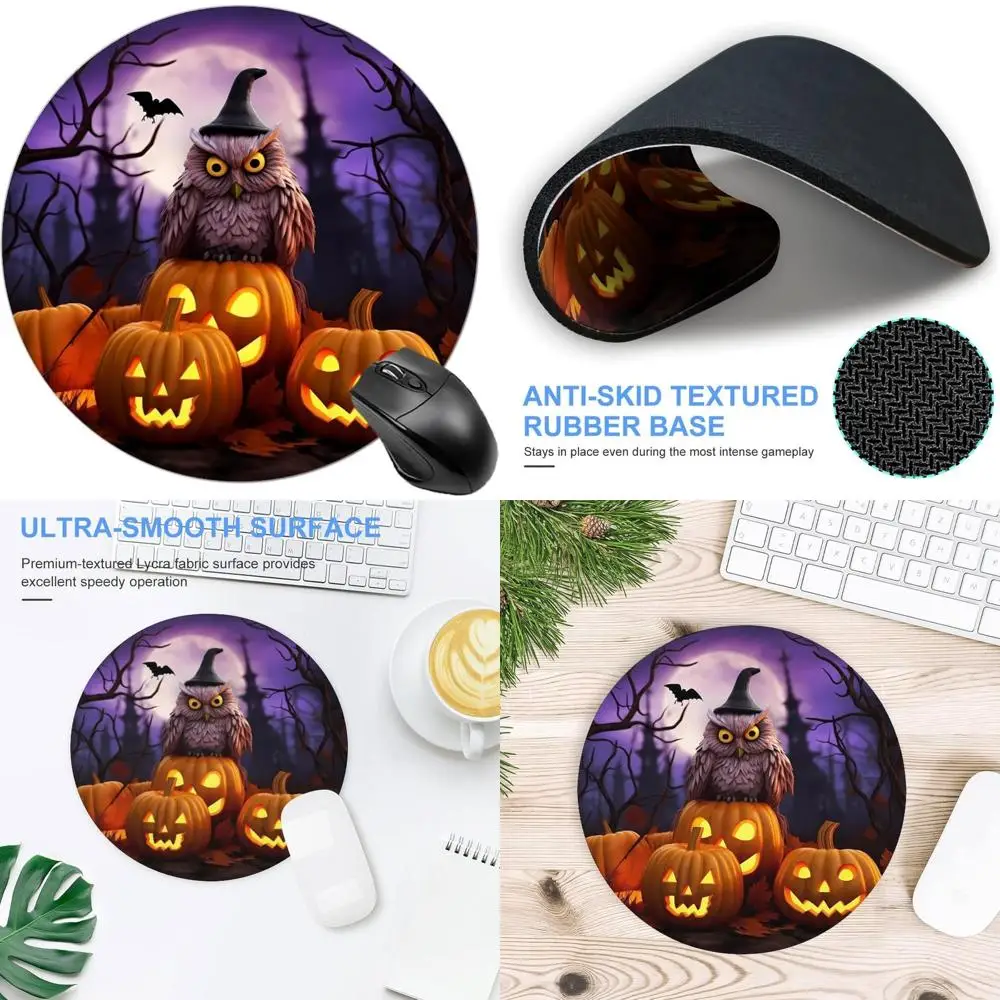 

Halloween Themed Round Mouse Pad with Owl, Ghost, Pumpkin, Witch, and Skull Designs
