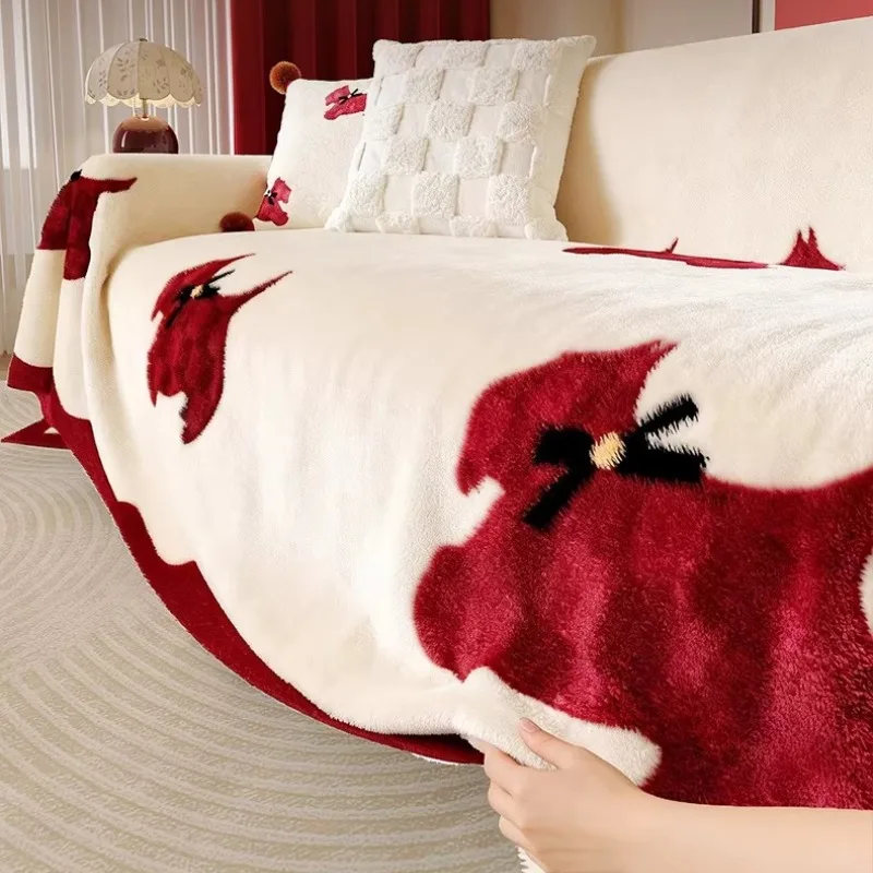 Plush Sofa Towel Cover Cloth New Red Festive Winter Thickened Sofa Cushion Cover A Whole Full-covered Blanket