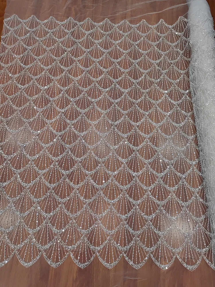 1yard Elegant French African Nigerian Wedding Dress Fabric for sewing Wave Stripe Fish Tail Shell Shape Bead Sequin Lace Fabric