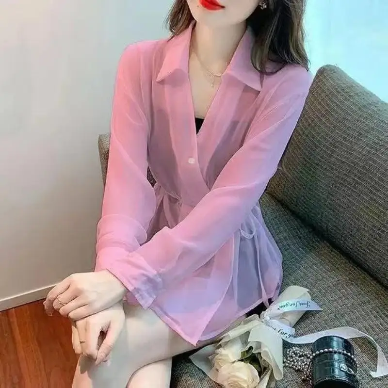 Spring Autumn New Women's Solid Color Polo-Neck Button Fashion Classic All-match Slim Long Sleeve Cardigan Lacing Blouse Shirt