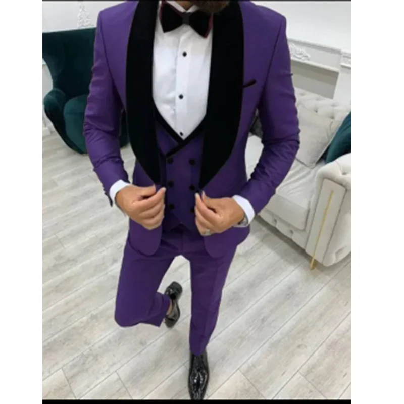 

Blue Men's Business Suits Sets Handsome Blazer Trousers Wedding Party Clothing Shawl Collar Groom Tuxedos 3Pcs Jacket Pants Vest