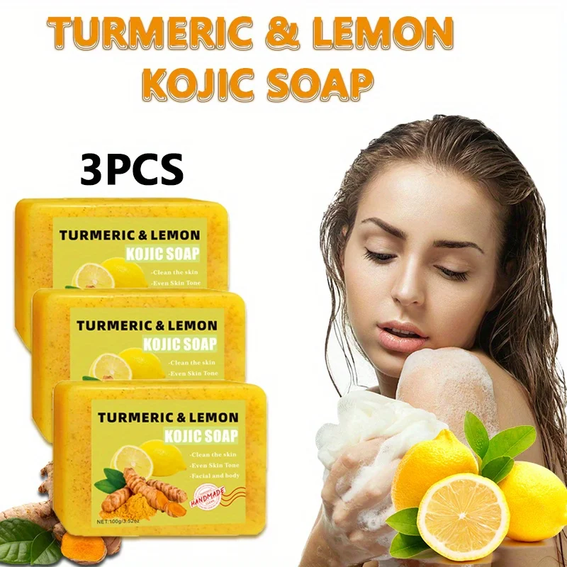 3PCS Lemon Turmeric Kojic Acid Soap, Face and Bath 2-in-1, Deep Moisturizing and Moisturizing Skin Suitable for All Skin Types