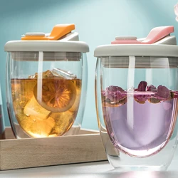 Glass Mug Double Wall Insulated Leak Proof High Temperature Resistance Durable For Hot Tea Milk With Lid Drinking Cup