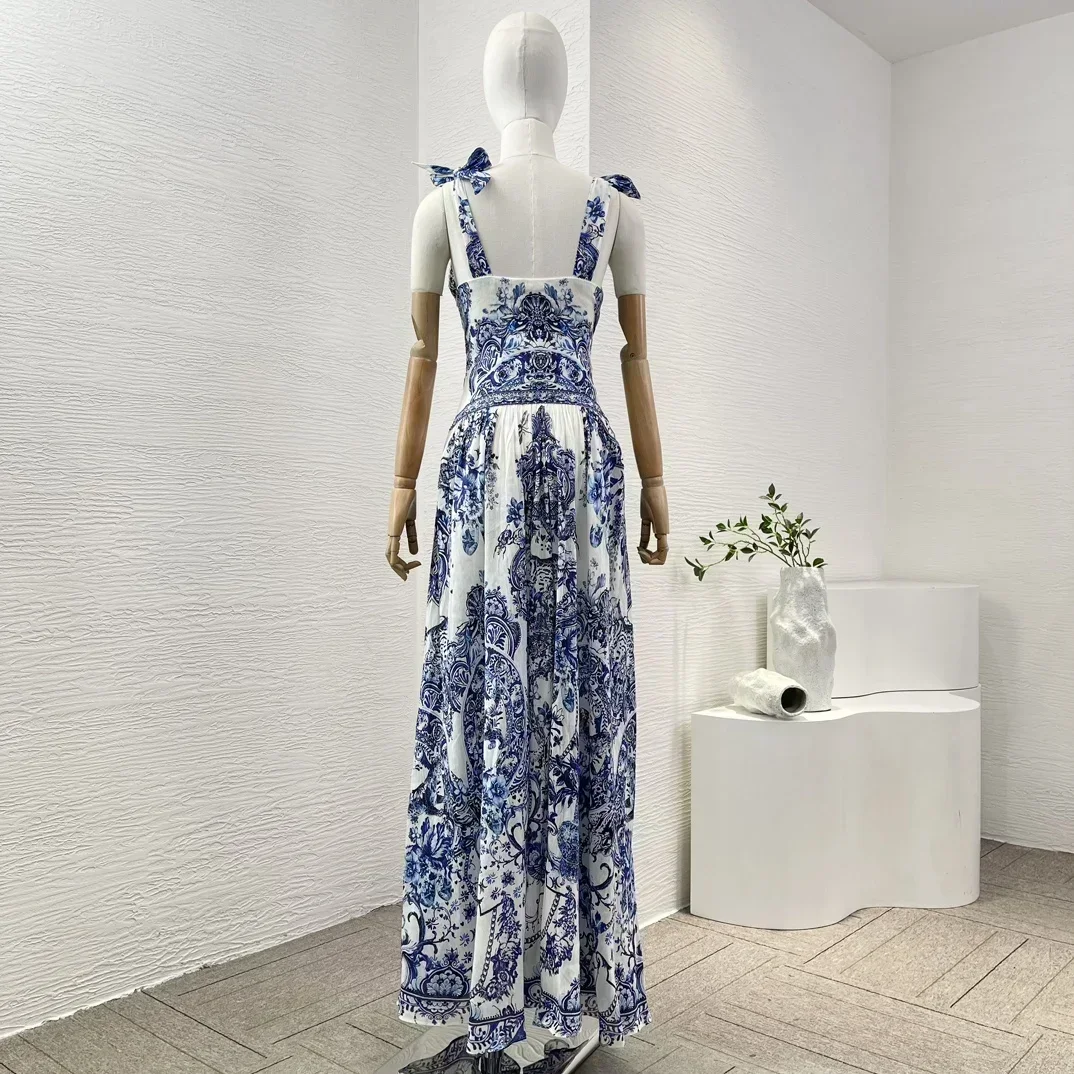 Linen Silk Elegant Blue and White Floral Print Sleeveless Deep V-Neck High Quality Women Maxi Dresses for Holiday Party