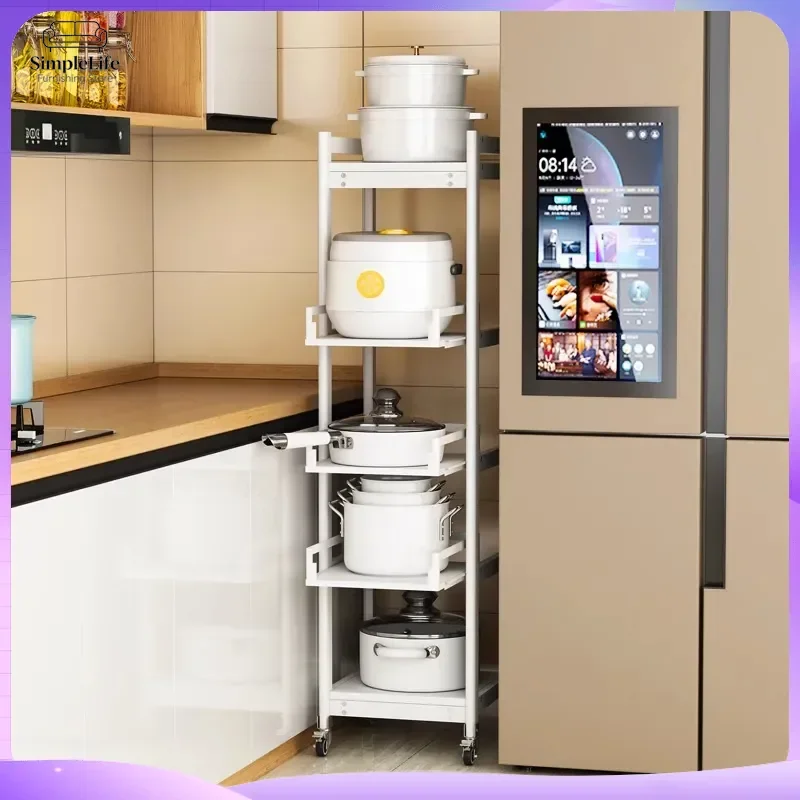 Multifunctional Kitchen Cart with Wheels Rolling Storage Shelf for Pots Pans Utensils Adjustable Height Mobile Island Trolley