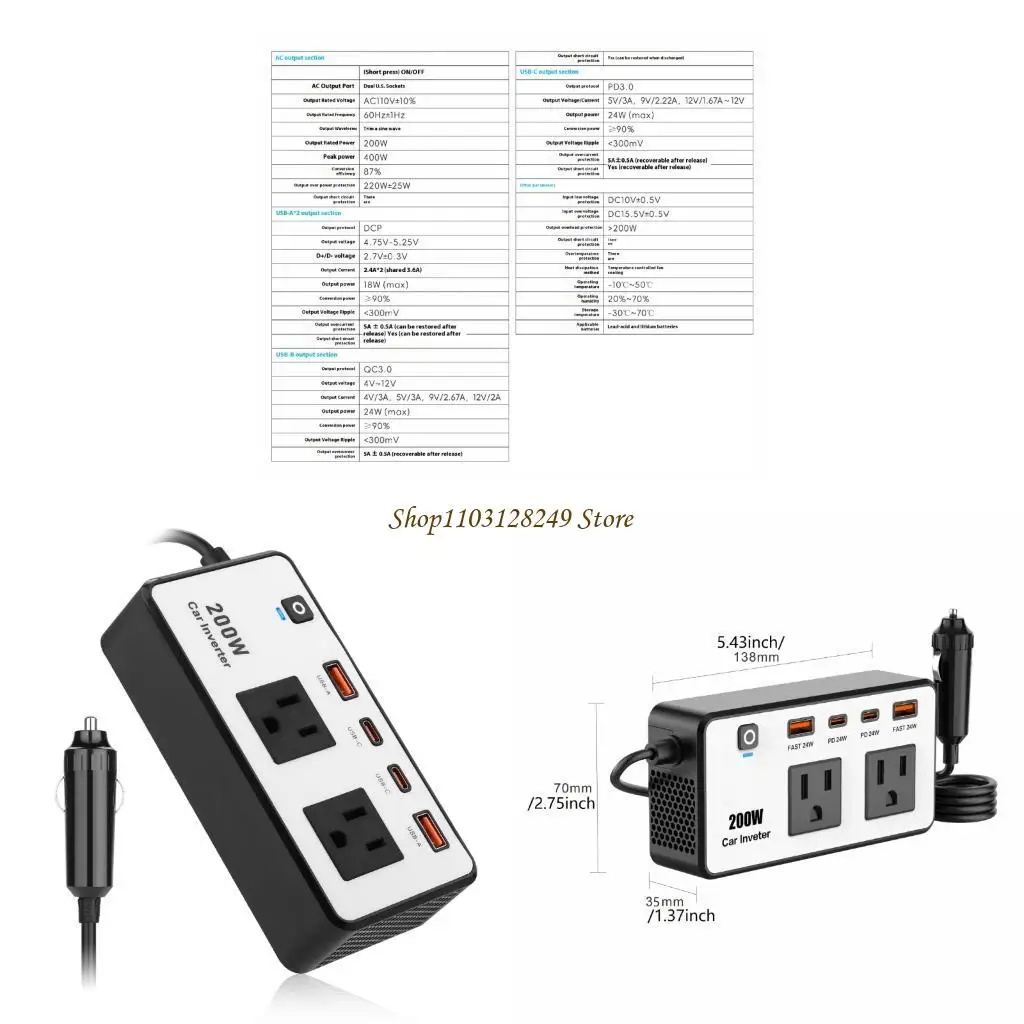 

N5KD 200W Car Inverter DC12V to AC110V with Double USB and Outlets Suitable for Long Drives and Camping Needs Phones Laptops