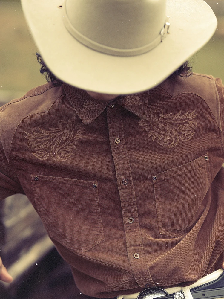 Western Series Long Sve Embroidered Corn Corduroy Narrow irt Youth Faion Autumn Wearable Stand Fit Mens irt