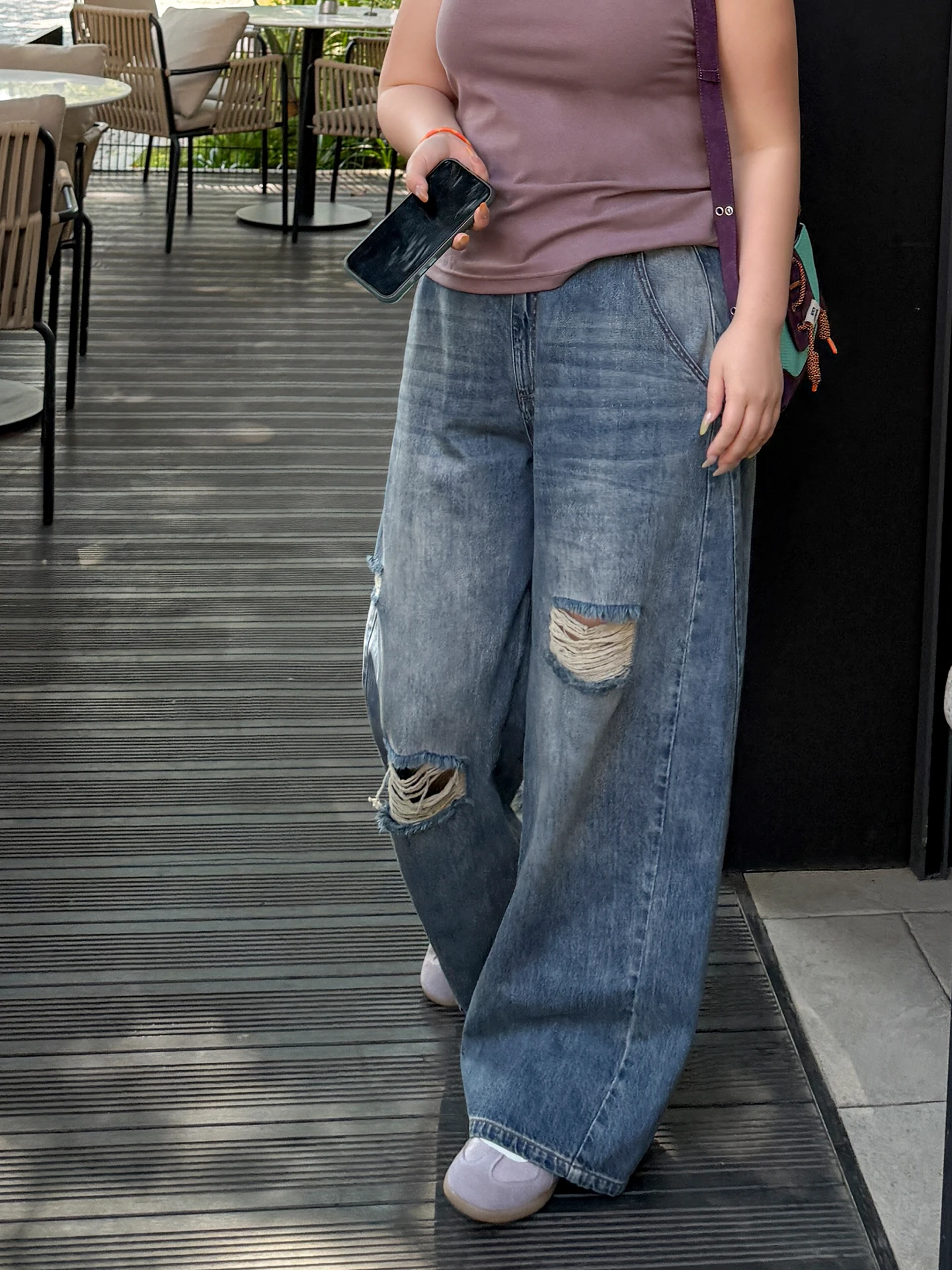 

plus Size Wood Ideal Cotton Denim Jeans High Waist Wide Waist Straight Leg Hole Punching Spring Summer Women's Fashion