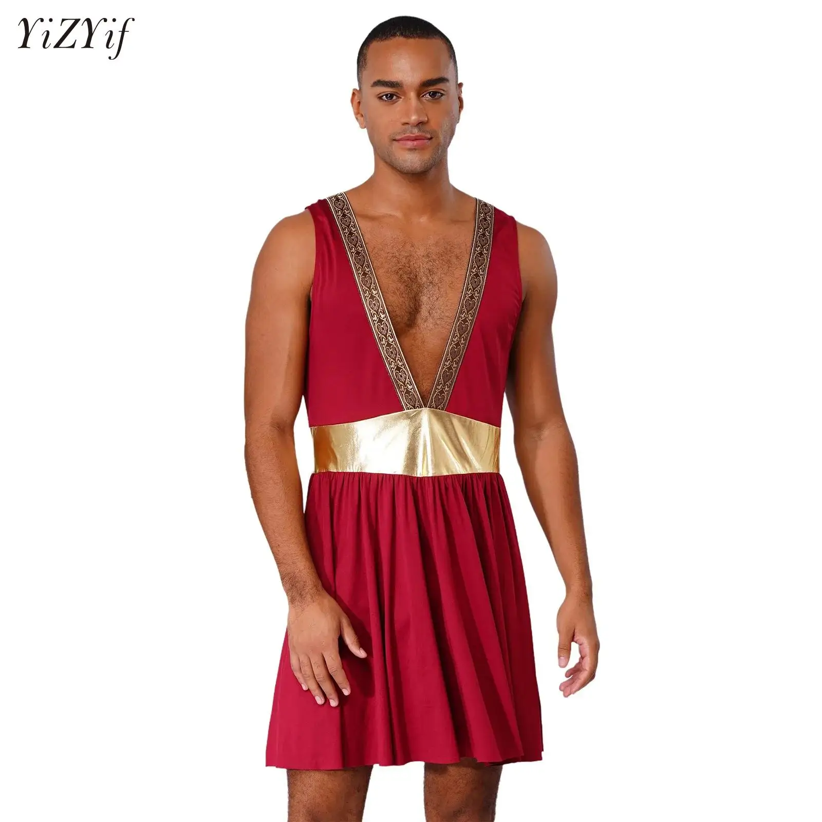 

Mens Ancient Roman Greek God Halloween Party Costume Cosplay Deep V-Neck Sleeveless Skirts Knight Warrior Theatrical Performance