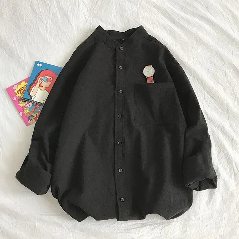 

Simple Design Solid Colors Long Sleeve Shirts Korean Fashion Mandarin Collar 100% Cotton White Black Shirt Soft and Comfort
