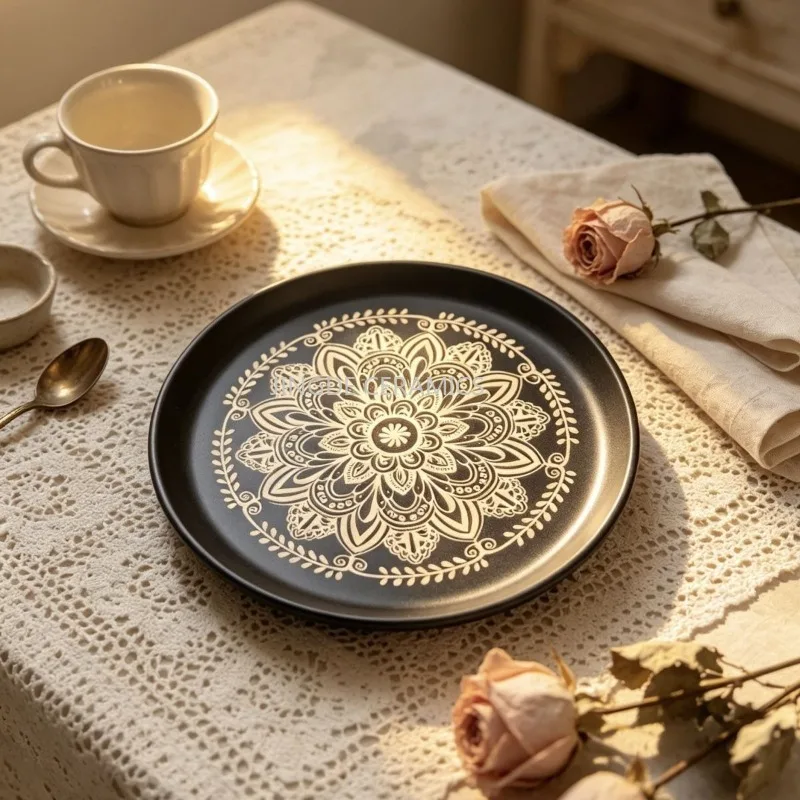 1pc Bohemian Style Ceramic Dining Plate Black Circular Decorative Plate Dessert Salad Plate, Used for Kitchen Table Decoration